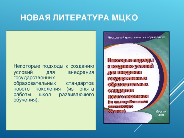 НОВАЯ ЛИТЕРАТУРА МЦКО  Некоторые подходы к созданию условий для внедрения государственных образовательных стандартов нового поколения (из опыта работы школ развивающего обучения).