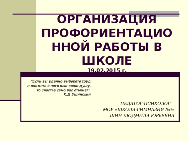 ОРГАНИЗАЦИЯ ПРОФОРИЕНТАЦИОННОЙ РАБОТЫ В ШКОЛЕ  19.02.2015 г. 