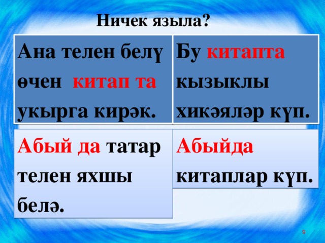 Ничек языла? Ана телен белү өчен китап та укырга кирәк. Бу  китапта  кызыклы хикәяләр күп. Абый да татар телен яхшы белә. Абыйда китаплар күп.