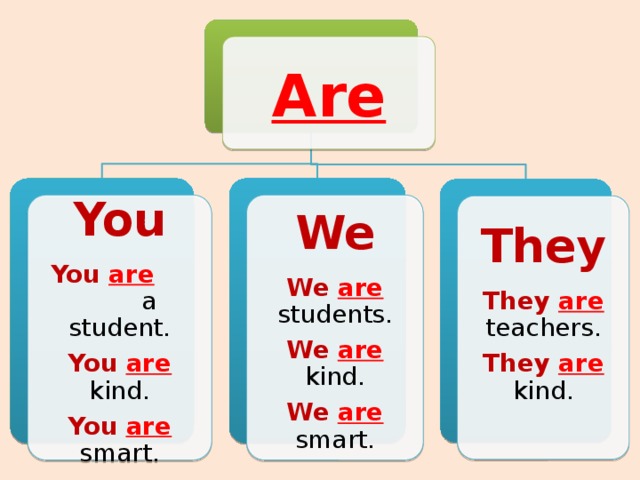 Are You We You  are  a student. We  are students. You  are kind. We  are kind. You  are smart. We  are smart. They They  are teachers. They  are kind.