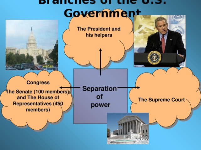 Branches of the U.S. Government The President and his helpers Separation of power Congress The Senate (100 members), and The House of Representatives (450 members) The Supreme Court