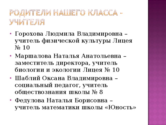 Горохова Людмила Владимировна – учитель физической культуры Лицея № 10 Маршалова Наталья Анатольевна – заместитель директора, учитель биологии и экологии Лицея № 10 Шаблий Оксана Владимировна – социальный педагог, учитель обществознания школы № 8 Федулова Наталья Борисовна – учитель математики школы «Юность»