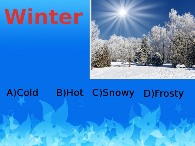 Winter A)Cold C)Snowy B)Hot D)Frosty