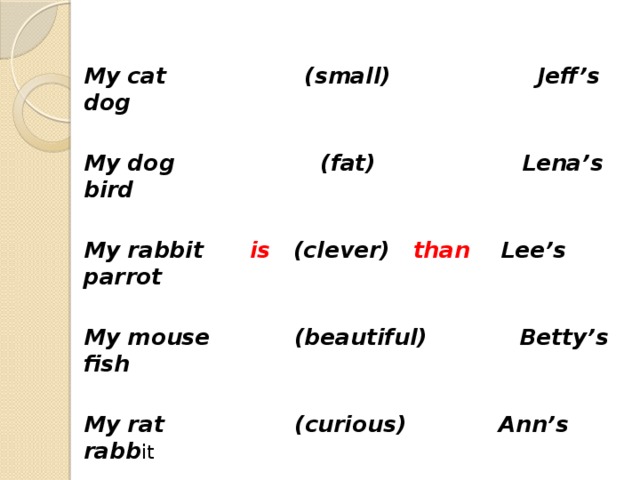 My cat (small) Jeff’s dog  My dog (fat) Lena’s bird  My rabbit is (clever) than Lee’s parrot  My mouse (beautiful) Betty’s fish  My rat (curious) Ann’s rabb it