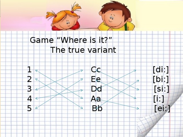 Game “Where is it?”  The true variant  Cc [di:]  Ee [bi:]  Dd [si:]  Aa [i:] 5 Bb [ei:]