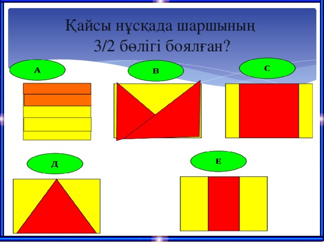 Қайсы нұсқада шаршының  3/2 бөлігі боялған?