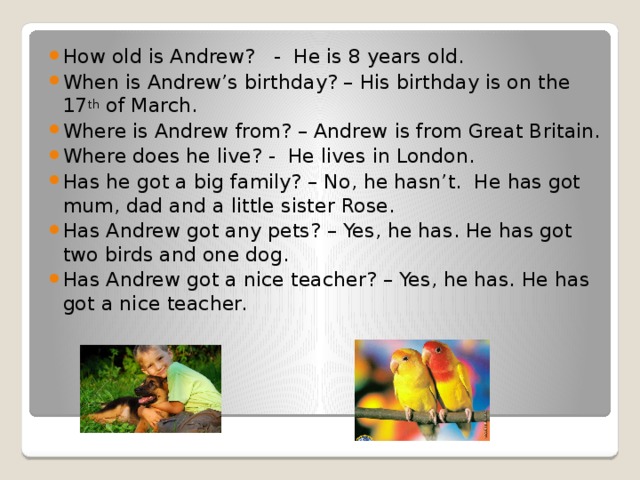 How old is Andrew? - He is 8 years old. When is Andrew’s birthday? – His birthday is on the 17 th of March. Where is Andrew from? – Andrew is from Great Britain. Where does he live? - He lives in London. Has he got a big family? – No, he hasn’t. He has got mum, dad and a little sister Rose. Has Andrew got any pets? – Yes, he has. He has got two birds and one dog. Has Andrew got a nice teacher? – Yes, he has. He has got a nice teacher.
