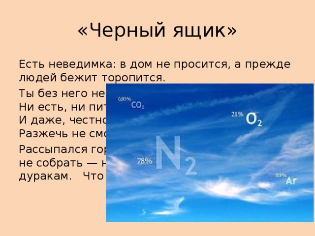 «Черный ящик» Есть неведимка: в дом не просится, а прежде людей бежит торопится. Ты без него не сможешь жить  Ни есть, ни пить, ни говорить.  И даже, честно говоря,  Разжечь не сможешь ты огня. Рассыпался горох на семьдесят дорог; никому не собрать — ни попам, ни дьякам, ни нам, дуракам. Что в ящике?