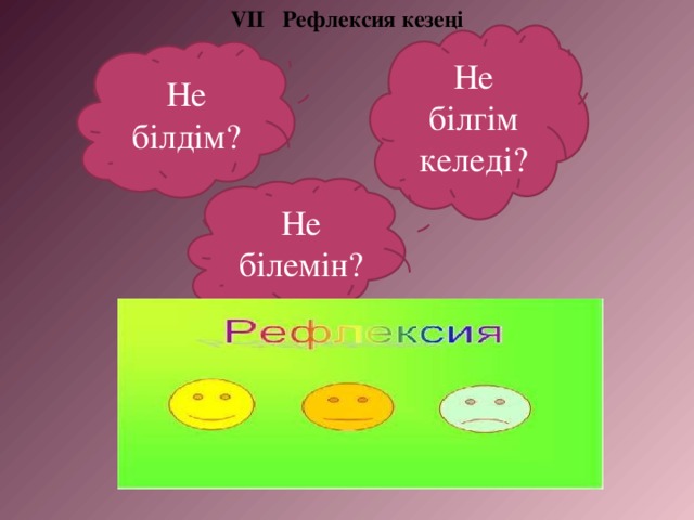 VII Рефлексия кезеңі Не білгім келеді? Не білдім? Не білемін?