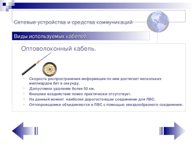 Сетевые устройства и средства коммуникаций    Виды используемых кабелей.  Оптоволоконный кабель.