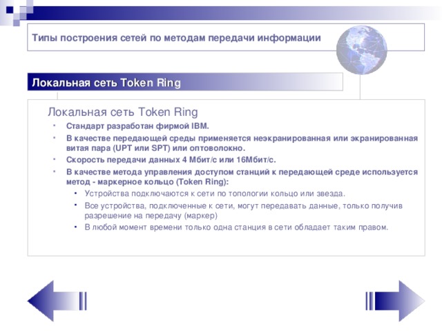 Типы построения сетей по методам передачи информации Локальная сеть Token Ring   Локальная сеть Token Ring