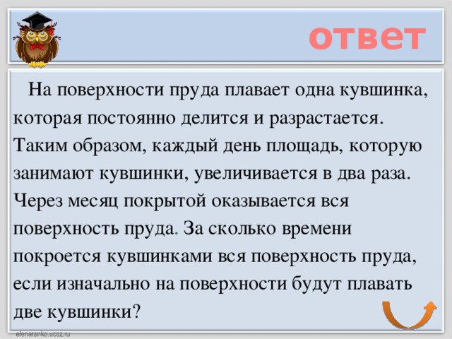 Увеличатся в 2 раза. Логическая задача про кувшинки. Задача на логику про кувшинки в пруду. Ответ на задачу с кувшинками. Решение задачи про кувшинки.