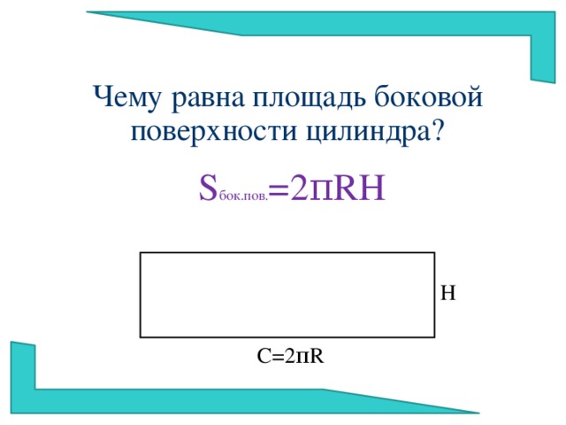 Чему равна площадь боковой поверхности цилиндра? S бок.пов. =2 π RH H C=2 π R