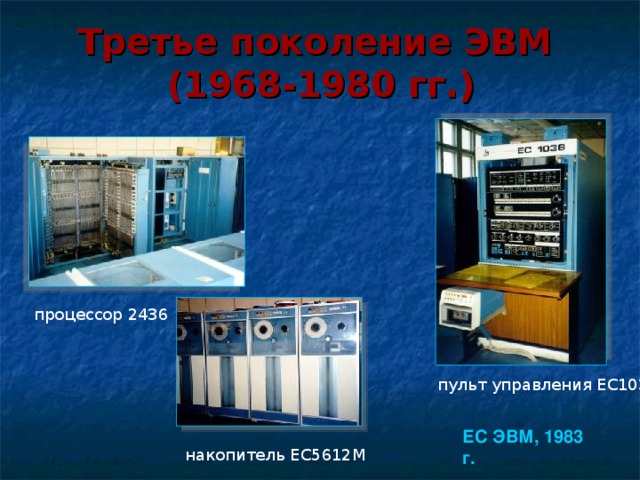 Третье  поколение  ЭВМ   (1968-1980 гг.) процессор 2436 пульт управления ЕС1036 ЕС ЭВМ, 1983 г. накопитель ЕС5612М
