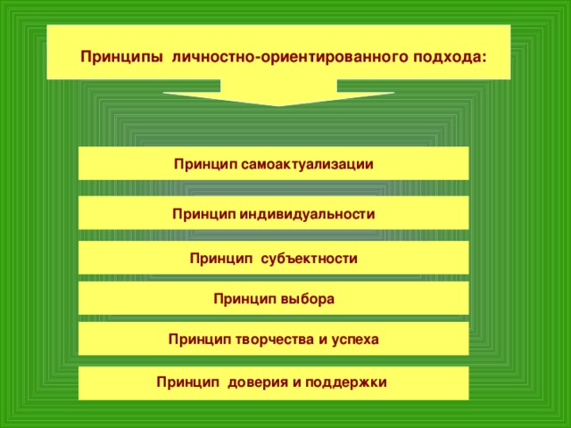 Принципы личностно-ориентированного подхода: Принцип самоактуализации Принцип индивидуальности Принцип субъектности Принцип выбора Принцип творчества и успеха   Принцип доверия и поддержки  6