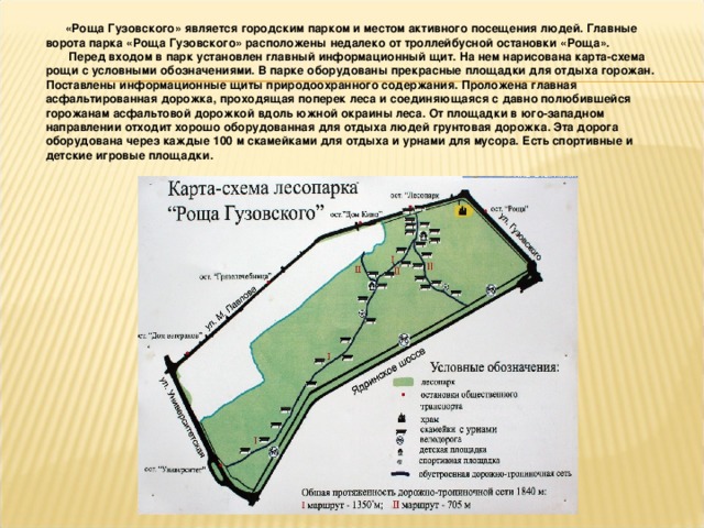 «Роща Гузовского» является городским парком и местом активного посещения людей. Главные ворота парка «Роща Гузовского» расположены недалеко от троллейбусной остановки «Роща».  Перед входом в парк установлен главный информационный щит. На нем нарисована карта-схема рощи с условными обозначениями. В парке оборудованы прекрасные площадки для отдыха горожан. Поставлены информационные щиты природоохранного содержания. Проложена главная асфальтированная дорожка, проходящая поперек леса и соединяющаяся с давно полюбившейся горожанам асфальтовой дорожкой вдоль южной окраины леса. От площадки в юго-западном направлении отходит хорошо оборудованная для отдыха людей грунтовая дорожка. Эта дорога оборудована через каждые 100 м скамейками для отдыха и урнами для мусора. Есть спортивные и детские игровые площадки.