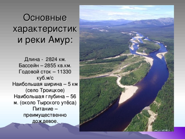 Основные характеристики реки Амур:   Длина - 2824 км.  Бассейн – 2855 кв.км.  Годовой сток – 11330 куб.м/с  Наибольшая ширина – 5 км (село Троицкое)  Наибольшая глубина – 56 м. (около Тырского утёса)  Питание – преимущественно дождевое.