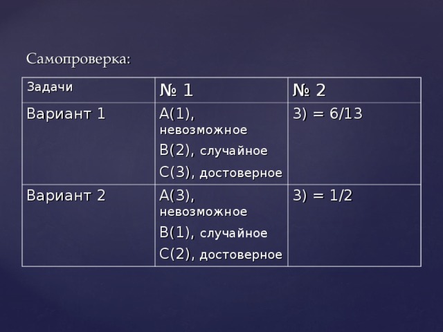 Самопроверка: Задачи № 1 Вариант 1 № 2 А(1), невозможное В(2), случайное С(3), достоверное Вариант 2 А(3), невозможное В(1), случайное С(2), достоверное 3) = 6/13 3) = 1/2