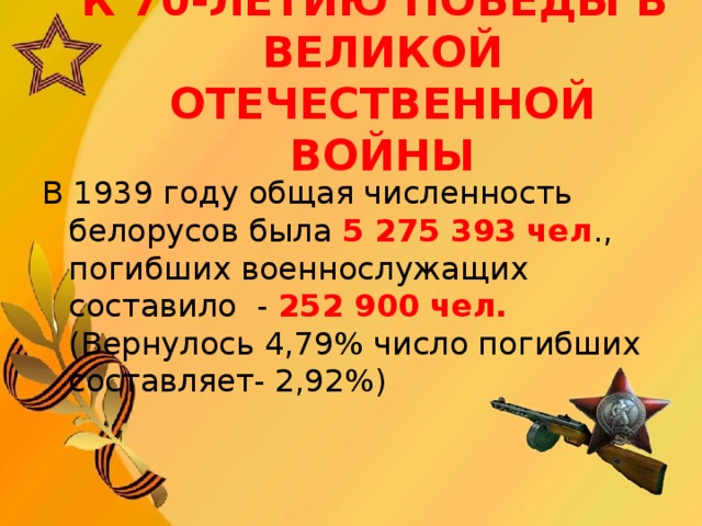 К 70-ЛЕТИЮ ПОБЕДЫ В ВЕЛИКОЙ ОТЕЧЕСТВЕННОЙ ВОЙНЫ   В 1939 году общая численность белорусов была 5 275 393 чел ., погибших военнослужащих составило - 252 900 чел. (Вернулось 4,79% число погибших составляет- 2,92%)