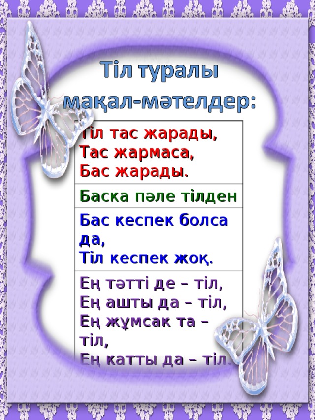 Тіл тас жарады,  Тас жармаса,  Бас жарады. Баска пәле тілден Бас кеспек болса да,  Тіл кеспек жоқ. Ең тәтті де – тіл,  Ең ашты да – тіл,  Ең жұмсак та – тіл,  Ең катты да – тіл.