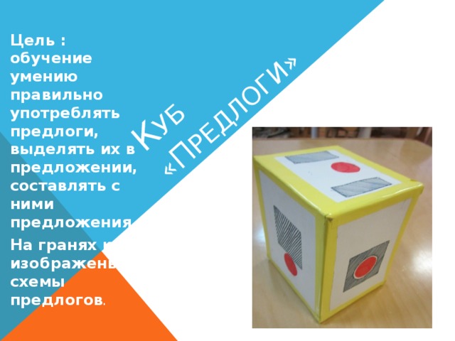 К уб « П редлоги» Цель : обучение умению правильно употреблять предлоги, выделять их в предложении, составлять с ними предложения. На гранях куба изображены схемы предлогов .