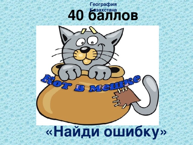 География Казахстана 40 баллов «Кот в мешке»     «Найди ошибку»
