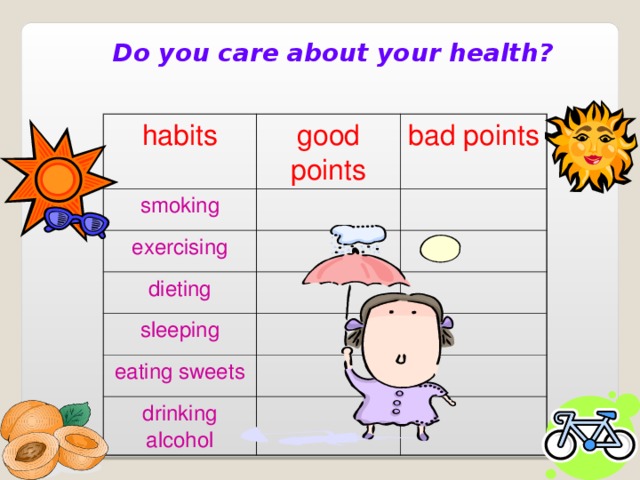 Do you care about your health? habits good points smoking bad points exercising dieting sleeping eating sweets drinking alcohol