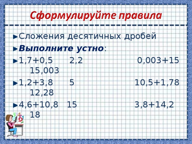 Сложения десятичных дробей Выполните устно : 1,7+0,5 2,2 0,003+15 15,003 1,2+3,8 5 10,5+1,78 12,28 4,6+10,8 15 3,8+14,2 18