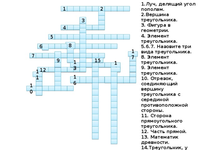 1.Луч, делящий угол пополам. 2.Вершина треугольника. 3. Фигура в геометрии. 4. Элемент треугольника. 5.6.7. Назовите три вида треугольника. 8. Элемент треугольника. 9. Элемент треугольника. 10. Отрезок, соединяющий вершину треугольника с серединой противоположной стороны. 11. Сторона прямоугольного треугольника. 12. Часть прямой. 13. Математик древности. 14.Треугольник, у которого все стороны равны. 15.Вид треугольника (по сторонам). 16. Сторона прямоугольного треугольника. 17. Отрезок в треугольнике. 1 2 3 4 5 8 6 17 7 9 15 14 13 12 11 16 10