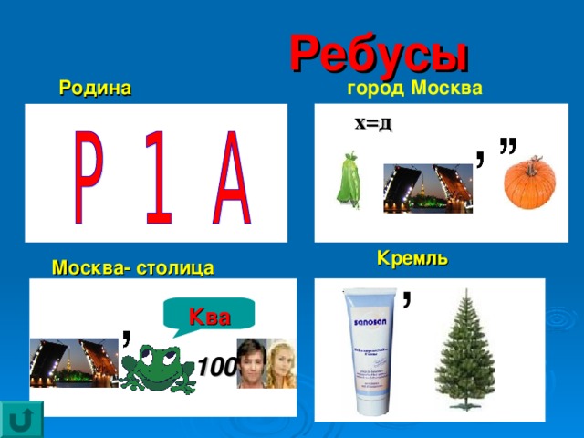 Ребусы    город Москва Родина  х=д Кремль  Москва- столица ’  100 Ква