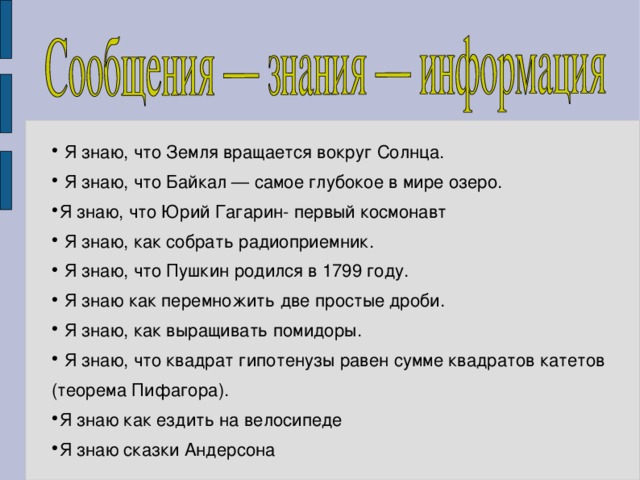 Я знаю, что Земля вращается вокруг Солнца.  Я знаю, что Байкал — самое глубокое в мире озеро. Я знаю, что Юрий Гагарин- первый космонавт  Я знаю, как собрать радиоприемник.  Я знаю, что Пушкин родился в 1799 году.  Я знаю как перемножить две простые дроби.  Я знаю, как выращивать помидоры.  Я знаю, что квадрат гипотенузы равен сумме квадратов катетов (теорема Пифагора). Я знаю как ездить на велосипеде Я знаю сказки Андерсона