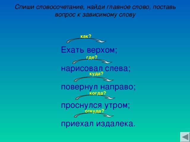 Нужно составить словосочетание. Вопрос от главного слова к зависимому. Главное слово вопрос к зависимому. Постановка вопроса от главного к зависимому слову. Вопросы словосочетаний.