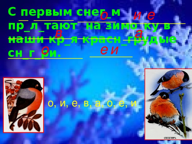 и е о   С первым снег_м пр_л_тают на зимо_ку в наши кр_я красн_грудые сн_г_ри.  а в и е о о, и, е, в, а, о, е, и