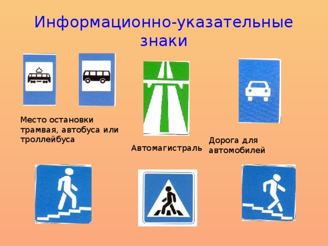 Информационно-указательные знаки Место остановки трамвая, автобуса или троллейбуса Дорога для автомобилей Автомагистраль