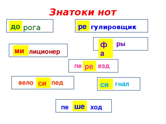 Знатоки нот ре до … гулировщик … рога … ры фа ми … лиционер пе ... езд ре си вело ... пед  ... гнал си ше пе ... ход