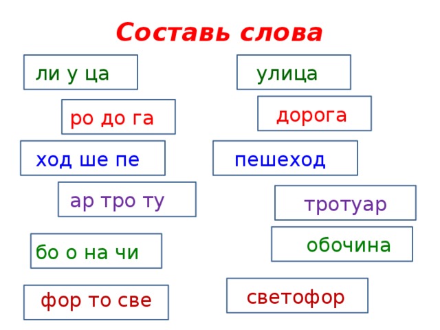 Составь слова улица ли у ца дорога ро до га пешеход ход ше пе ар тро ту тротуар обочина бо о на чи светофор фор то све