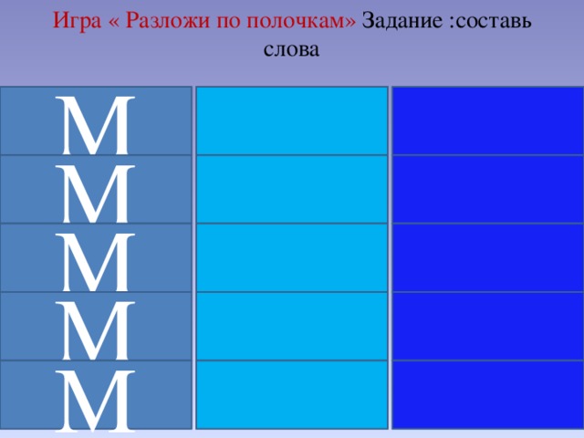 Игра « Разложи по полочкам» Задание :составь слова М М М М М