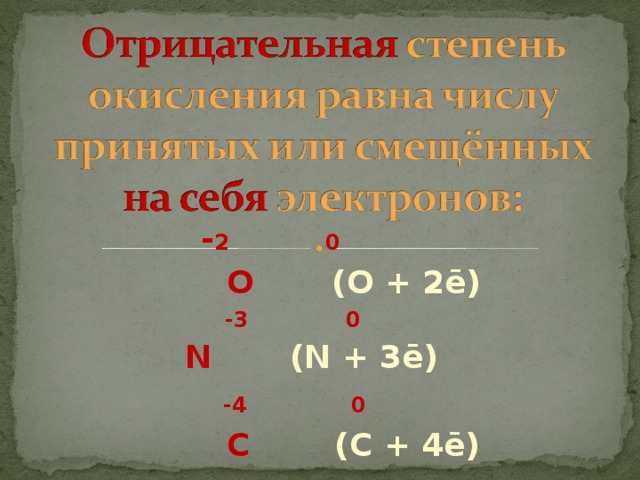 - 2 0  O  (O + 2ē)  -3 0  N   (N + 3ē)    -4 0  C   (C + 4ē)