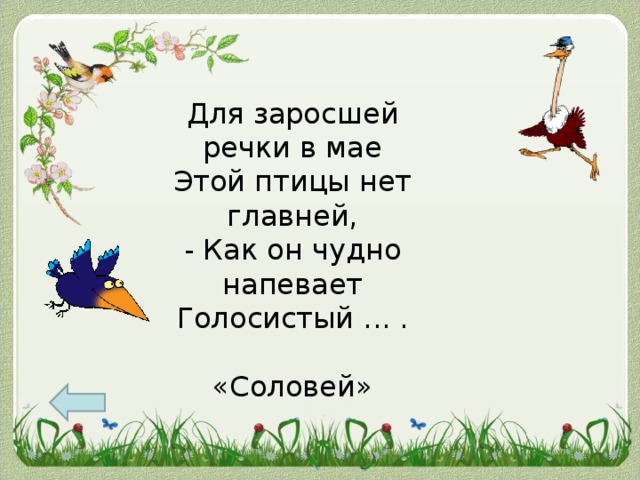 Для заросшей речки в мае  Этой птицы нет главней,  - Как он чудно напевает  Голосистый ... . «Соловей»