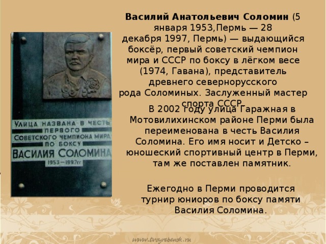 Василий Анатольевич Соломин  (5 января 1953,Пермь — 28 декабря 1997, Пермь) — выдающийся боксёр, первый советский чемпион мира и СССР по боксу в лёгком весе (1974, Гавана), представитель древнего севернорусского рода Соломиных. Заслуженный мастер спорта СССР. В 2002 году улица Гаражная в Мотовилихинском районе Перми была переименована в честь Василия Соломина. Его имя носит и Детско – юношеский спортивный центр в Перми, там же поставлен памятник. Ежегодно в Перми проводится турнир юниоров по боксу памяти Василия Соломина.