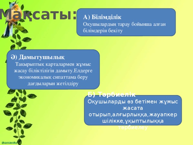 Мақсаты: А) Білімділік Оқушылардың тарау бойынша алған білімдерін бекіту Ә) Дамытушылық Тақырыптық карталармен жұмыс жасау біліктілігін дамыту.Елдерге экономикалық сипаттама беру дағдыларын жетілдіру Б) Тәрбиелік Оқушыларды өз бетімен жұмыс жасата отырып,алғырлыққа,жауапкершілікке,ұқыптылыққа тәрбиелеу