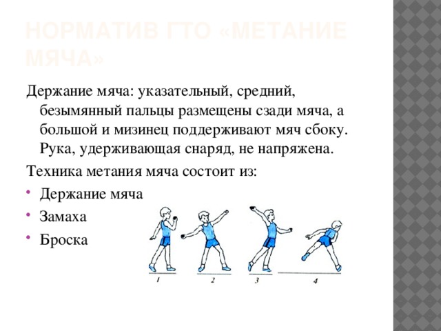 Норматив ГТО «метание мяча» Держание мяча: указательный, средний, безымянный пальцы размещены сзади мяча, а большой и мизинец поддерживают мяч сбоку. Рука, удерживающая снаряд, не напряжена. Техника метания мяча состоит из: