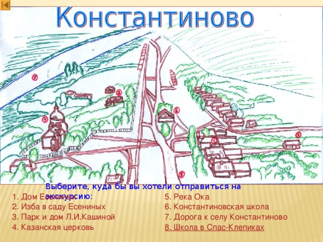 Выберите, куда бы вы хотели отправиться на экскурсию: 1. Дом Есениных 5. Река Ока 2. Изба в саду Есениных 6. Константиновская школа 3. Парк и дом Л.И.Кашиной 7. Дорога к селу Константиново 4. Казанская церковь 8. Школа в Спас-Клепиках