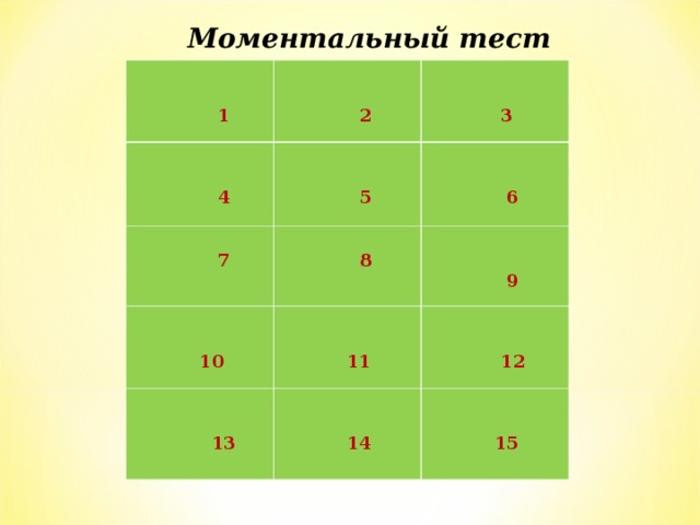 Моментальный тест         1    2    4    3    5   7    6   8    10    13     9    11    14    12    15