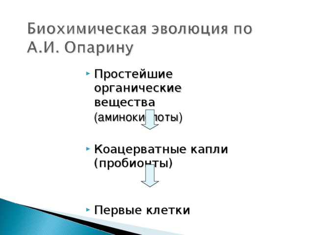 Простейшие органические вещества (аминокислоты) Коацерватные капли (пробионты) Первые клетки