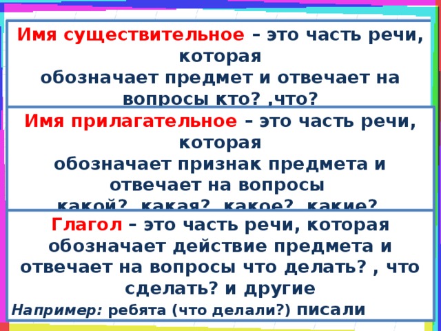 Имя существительное – это часть речи, которая обозначает предмет и отвечает на вопросы кто? ,что? Например: (что?) вещь , (кто?) ученик Имя прилагательное – это часть речи, которая обозначает признак предмета и отвечает на вопросы какой?, какая?, какое?, какие? Например: солнце (какое?) красное , мальчик (какой?) умный Глагол – это часть речи, которая обозначает действие предмета и отвечает на вопросы что делать? , что сделать? и другие Например: ребята (что делали?) писали