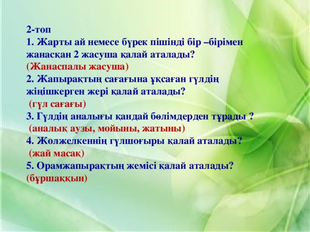 2-топ 1. Жарты ай немесе бүрек пішінді бір –бірімен жанасқан 2 жасуша қалай аталады? (Жанаспалы жасуша) 2. Жапырақтың сағағына ұқсаған гүлдің жіңішкерген жері қалай аталады?  (гүл сағағы) 3. Гүлдің аналығы қандай бөлімдерден тұрады ?  (аналық аузы, мойыны, жатыны) 4. Жолжелкеннің гүлшоғыры қалай аталады?  (жай масақ) 5. Орамжапырақтың жемісі қалай аталады? (бұршаққын)