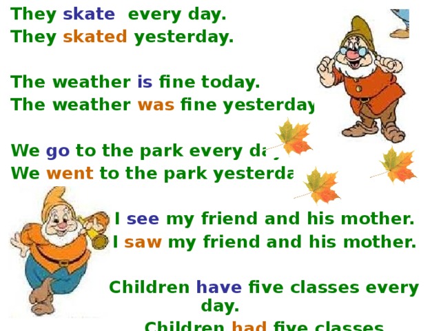 They  skate  every day.  They  skated yesterday.   The weather  is fine today.  The weather  was fine yesterday.   We  go  to the park every day.  We  went  to the park yesterday.    I  see  my friend and his mother.   I  saw  my friend and his mother.    Children  have  five classes every day.   Children had  five classes yesterday.