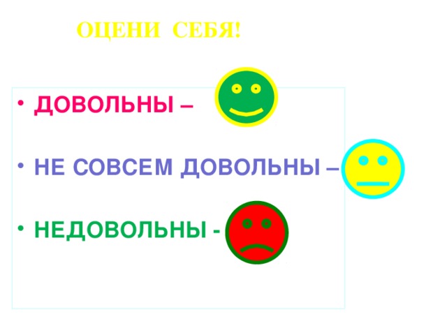 ОЦЕНИ СЕБЯ! ДОВОЛЬНЫ –  НЕ СОВСЕМ ДОВОЛЬНЫ –   НЕДОВОЛЬНЫ -