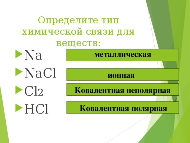 Определите тип химической связи для веществ: Na NaCl Cl 2 HCl металлическая ионная Ковалентная неполярная Ковалентная полярная